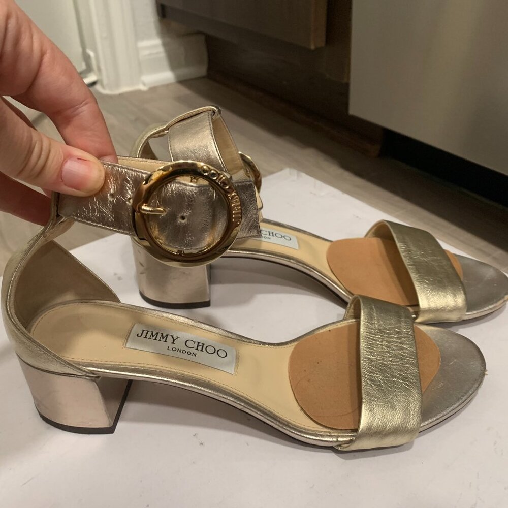 Jimmy Choo metallic buckle block heel. Size 38.